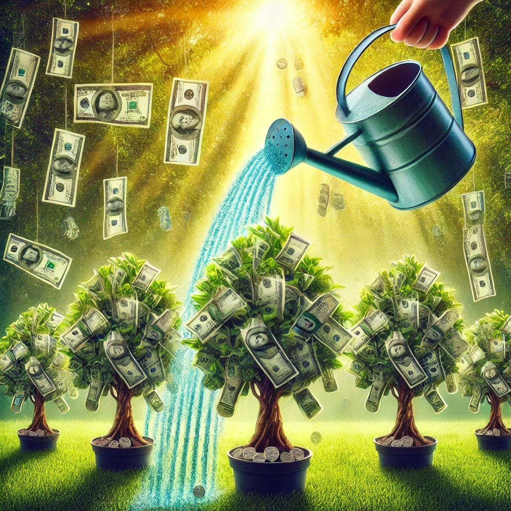 The image shows a can watering can watering money trees.