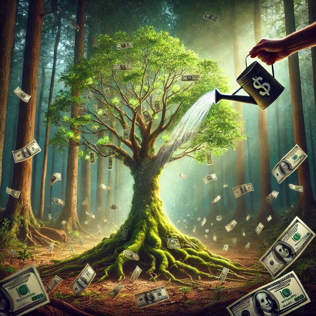 A watering can with a dollar sign watering a money tree in a forest