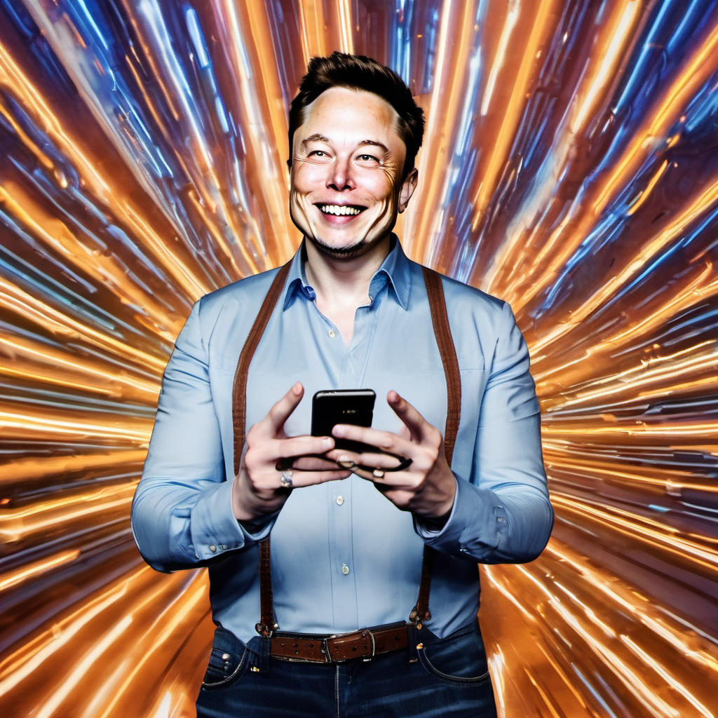 This image shows Elon Musk happyly tweeting or checking social media on his phone.