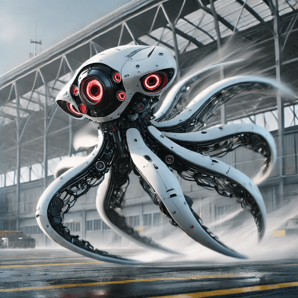 An octopus-like white and black robot with mechanical tentacles, suspended in the air