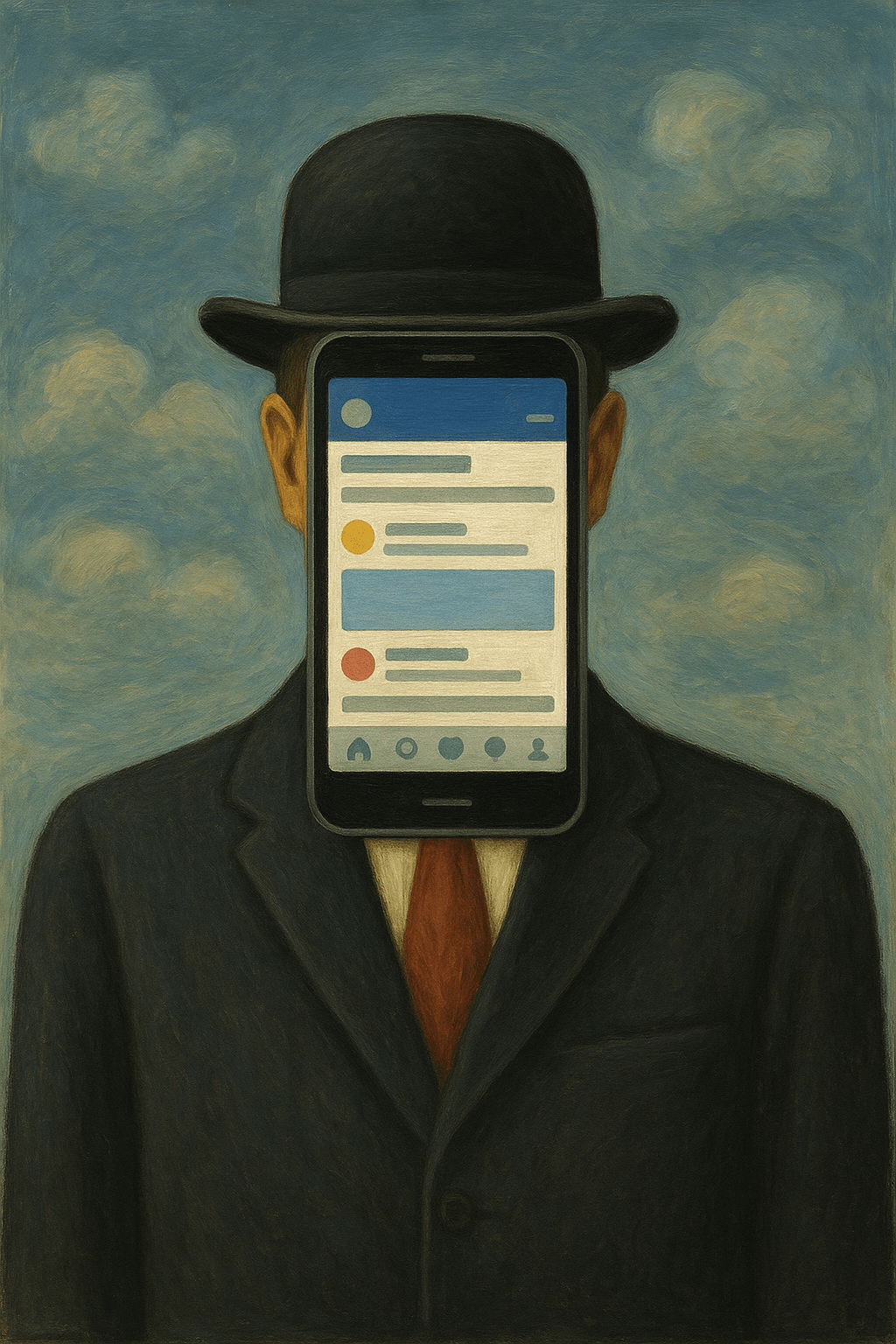 A surreal painting in the style of René Magritte of a man in a suit and bowler hat, where his face is replaced by a smartphone displaying a social media interface, set against a blue sky with clouds.